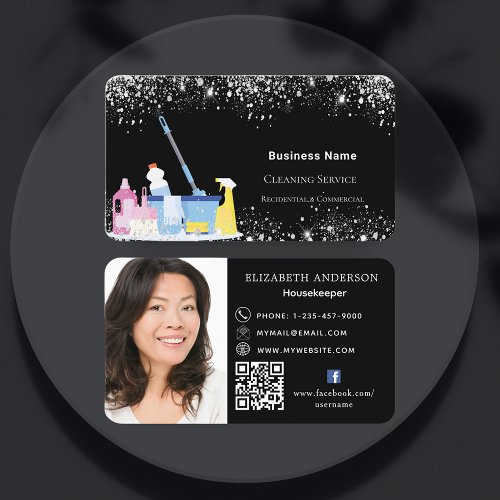 Cleaning service black glitter dust QR code photo Business Card