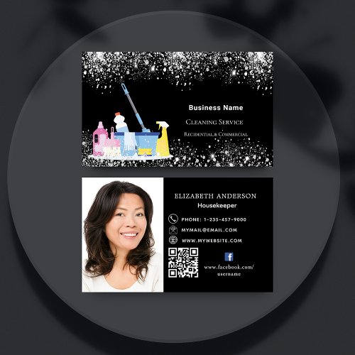 Cleaning service black glitter dust QR code photo Business Card