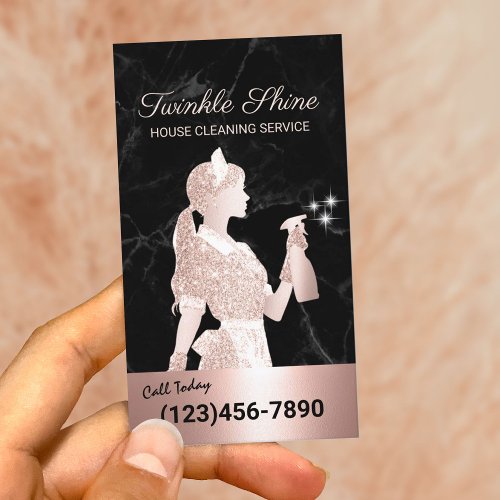 Cleaning Service Black Marble Rose Gold Maid Business Card