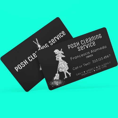 Cleaning Service Black  Metallic Silver Template Business Card