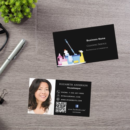 Cleaning service black QR code photo Business Card