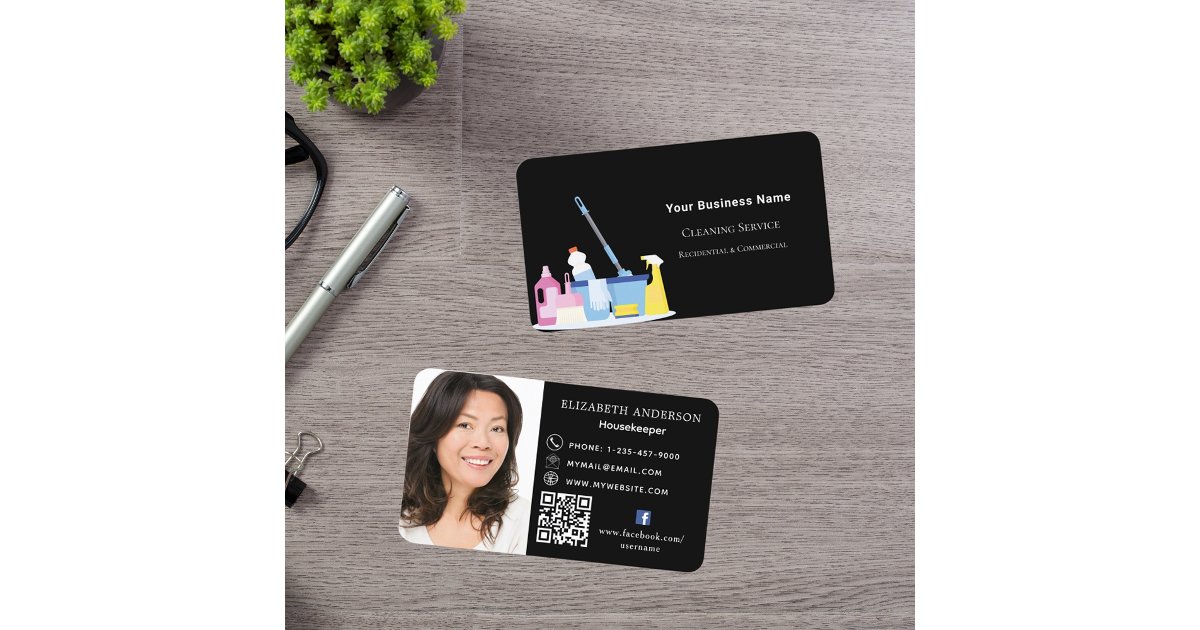 Cleaning service black QR code photo Business Card | Zazzle