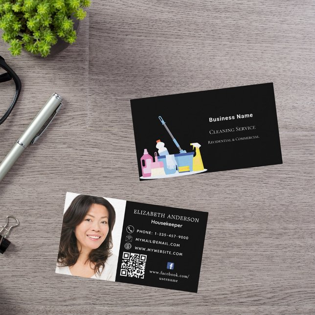 Cleaning service black QR code photo premium Business Card (Creator Uploaded)