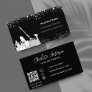 Cleaning service black silver glitter dust QR code Business Card