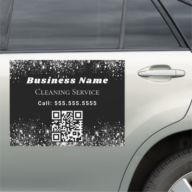 Cleaning service black silver glitter dust QR code Car Magnet (In Situ)