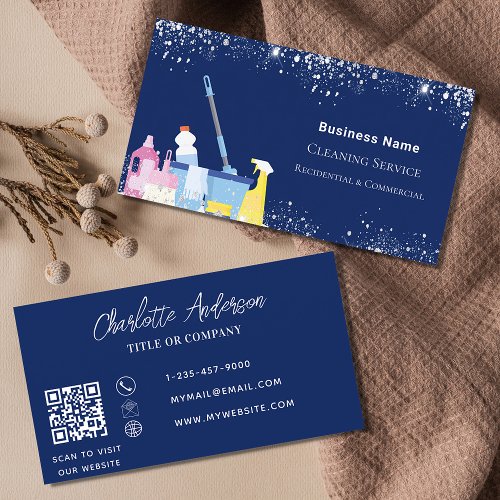 Cleaning service blue silver glitter dust QR code Business Card
