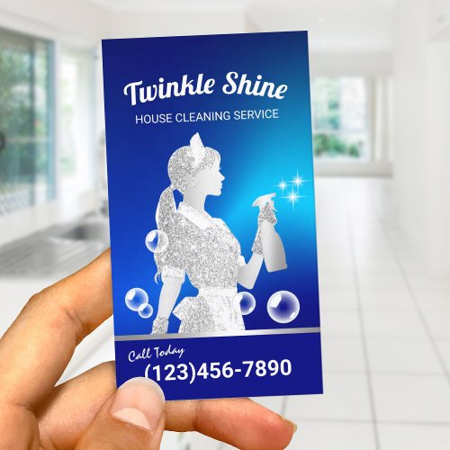 Cleaning Service Blue  Silver Maid Housekeeping Business Card