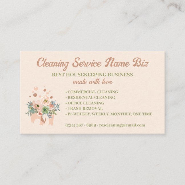Cleaning Service Blush Floral Janitorial Business Card