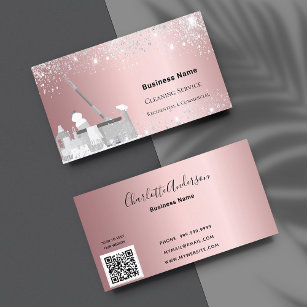 Cleaning service blush pink silver glitter dust QR Business Card