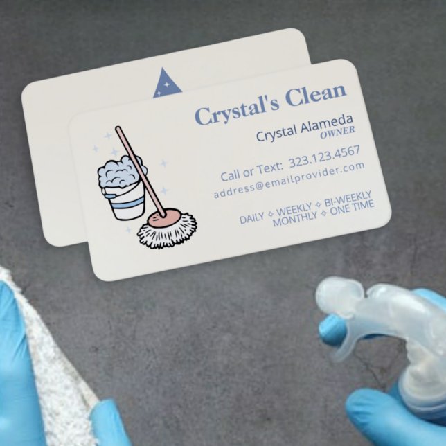 Cleaning Service Cute Ecru + Blue and Pink Mop Business Card (Creator Uploaded)