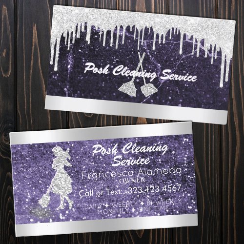Cleaning Service Drip Glitter Marble Purple Silver Business Card