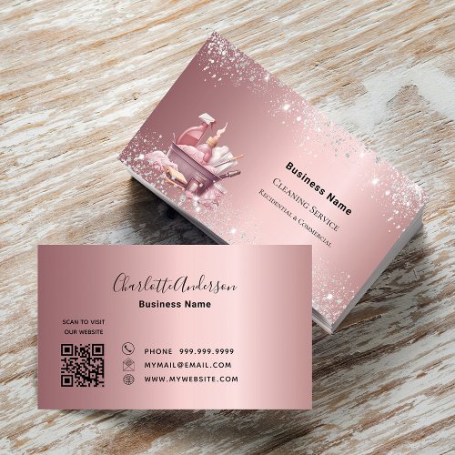 Cleaning service dusty pink silver glitter QR code Business Card