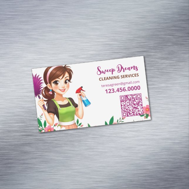 Cleaning Service Floral QR Business Card Magnet (In Situ)