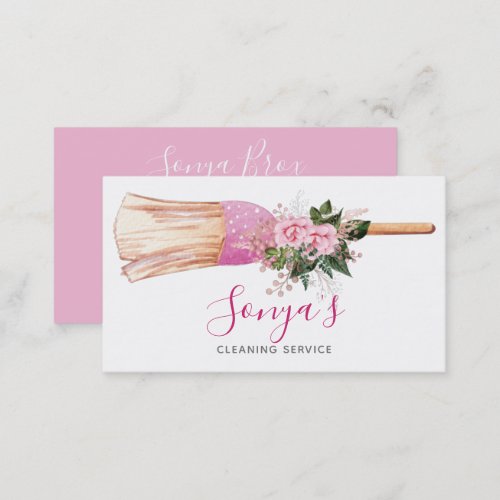 Cleaning Service Floral Watercolor Broom Business Card