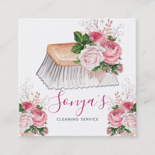 Cleaning Service Floral Watercolor Brush Square Business Card