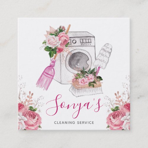 Cleaning Service Floral Watercolor Square Business Card