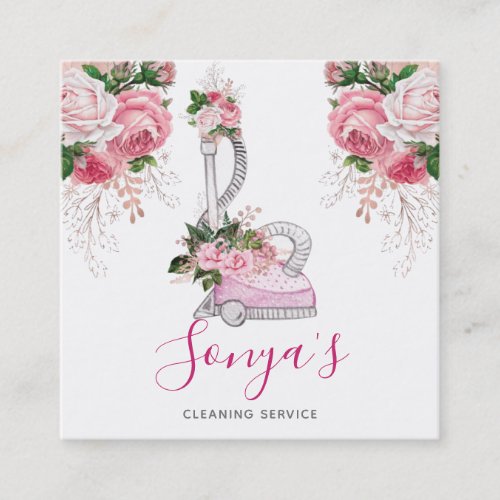 Cleaning Service Floral Watercolor vacuum cleaner Square Business Card