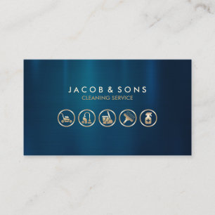 Cleaning Service Gold Icons Blue Metal Texture Business Card