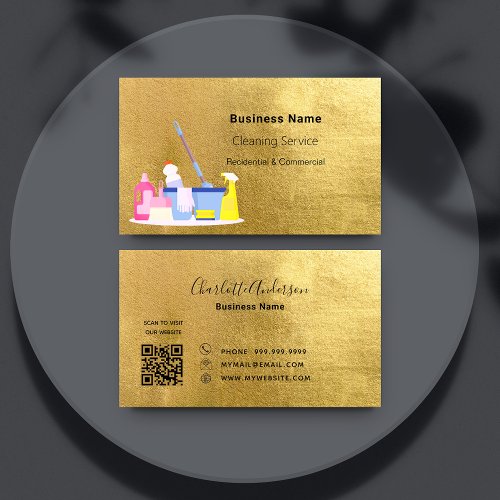 Cleaning service gold QR code Business Card