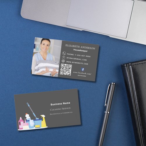 Cleaning service gray photo QR code Business Card