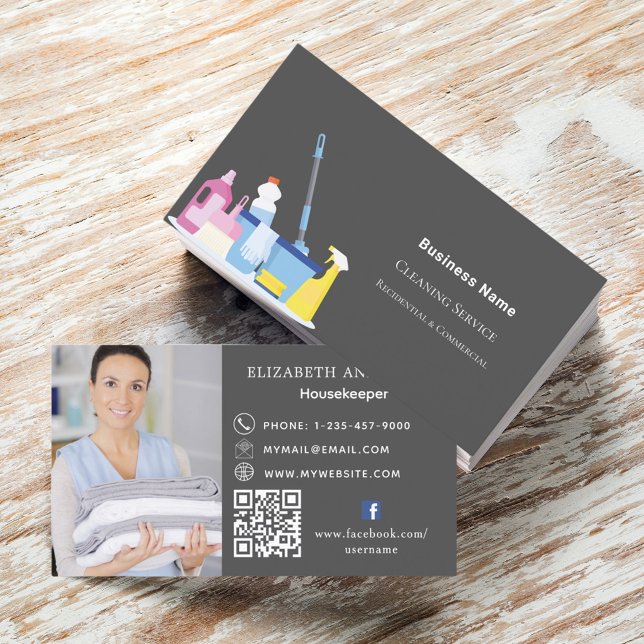 Cleaning service gray photo QR code Business Card (Creator Uploaded)