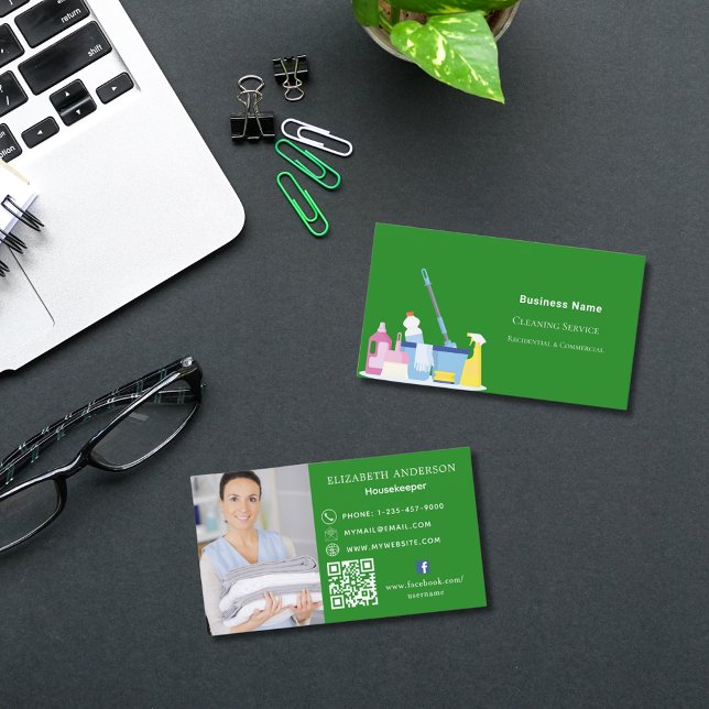 Cleaning service green photo QR code premium Business Card (Creator Uploaded)