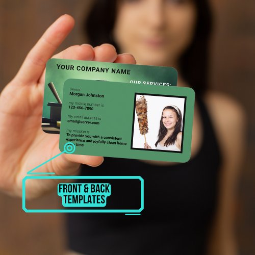 Cleaning Service Green Silhouette with Photo  Business Card