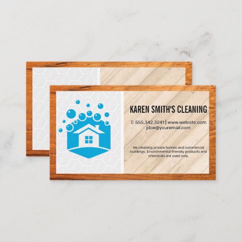 Cleaning Service  House Bubbles Logo  Wood Business Card