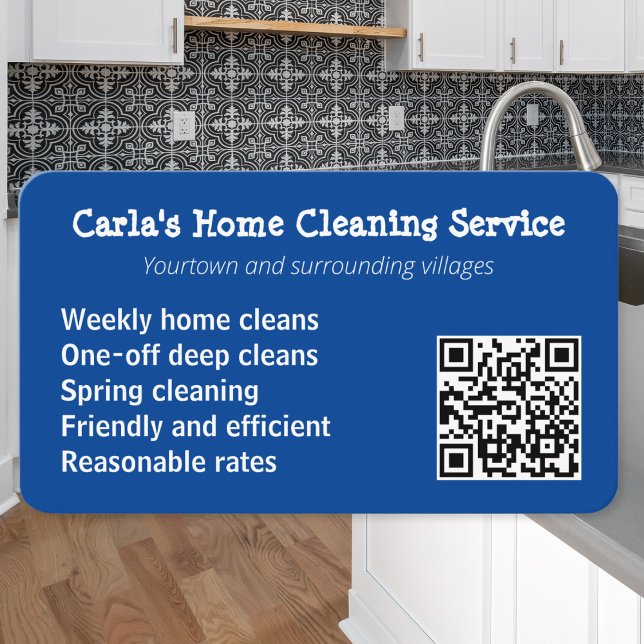 Cleaning Service House Cleaner Maid Housekeeping Business Card (A personalized business card for a cleaner, with custom QR code, in blue and white)