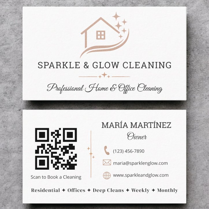 Cleaning Service House QR Code Rose Gold White Business Card