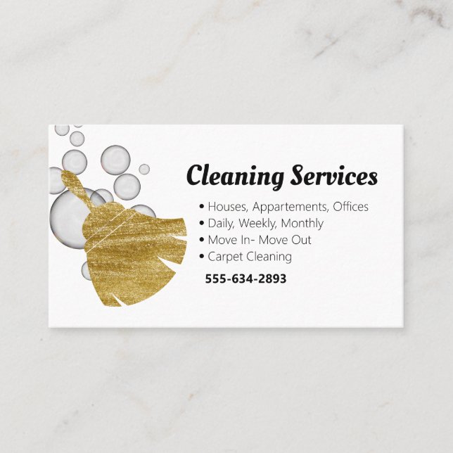 Cleaning Service Housekeeper Gold Bubbles Business Card (Front)