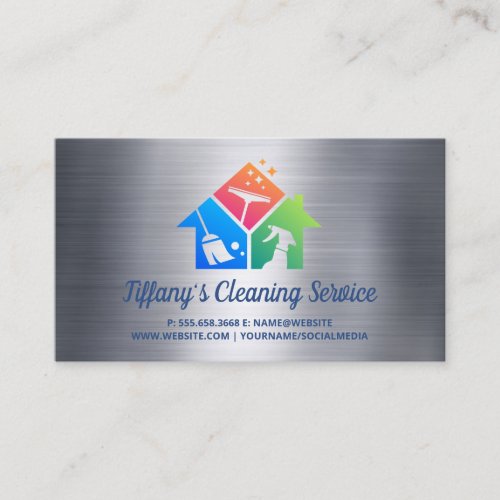 Cleaning Service Icons  Metallic Business Card