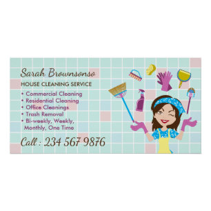 Cleaning Service Janitorial Lady Cartoon art Tools Poster