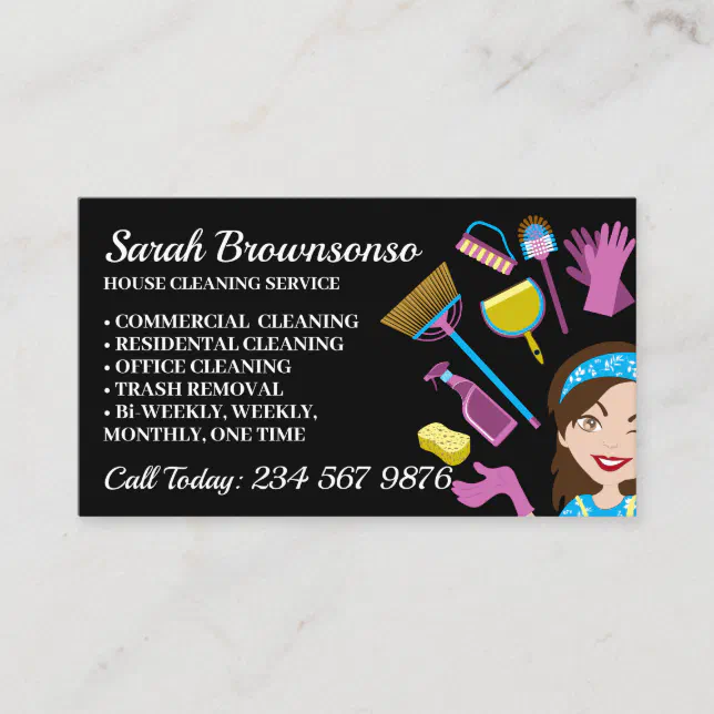 Cleaning Service Janitorial Lady Cartoon Maid Business Card | Zazzle