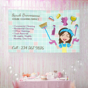 Cleaning Service Janitorial Lady Cartoon Tools Banner