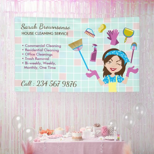 Cleaning Service Janitorial Lady Cartoon Tools Banner