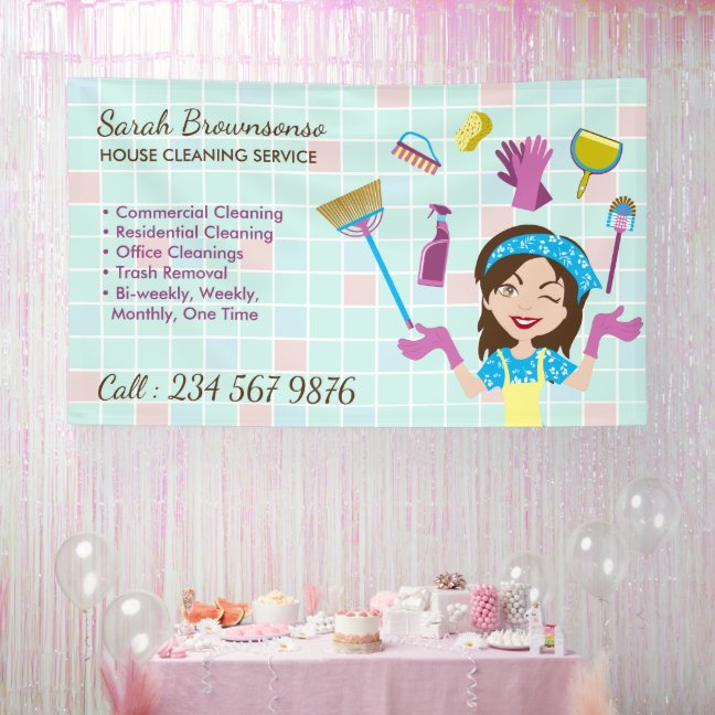 Cleaning Service Janitorial Lady Cartoon Tools Banner