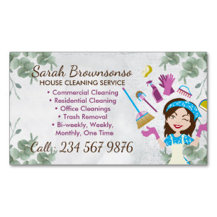 Cleaning Service Janitorial Lady Washing Botanical Business Card Magnet