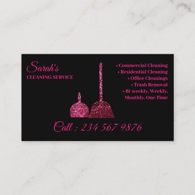 Cleaning Service Janitorial pink sparkle girly Business Card (Front)