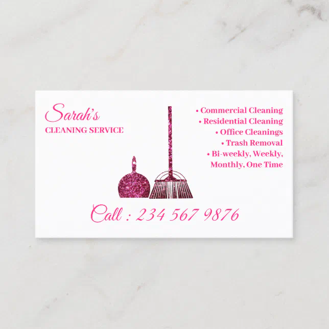 Cleaning Service Janitorial pink sparkle Trendy Business Card | Zazzle