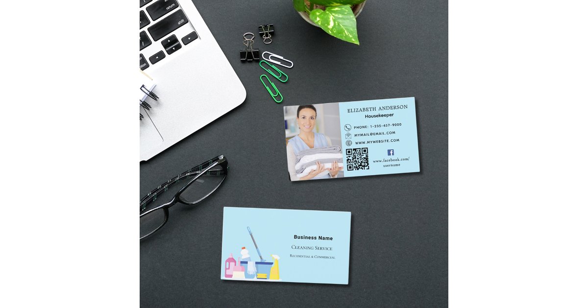 Cleaning service light blue photo QR code premium Business Card | Zazzle