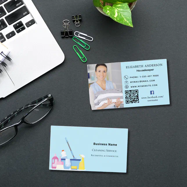 Cleaning service light blue photo QR code premium Business Card | Zazzle