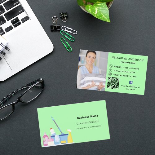 Cleaning service light green photo QR code Business Card