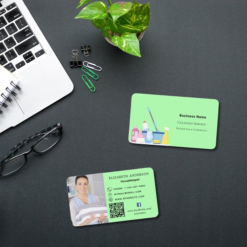 Cleaning service light green photo QR code Business Card