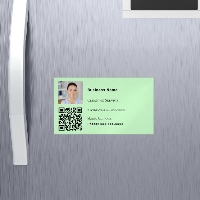 Cleaning service light green photo QR code Business Card Magnet (Creator Uploaded)