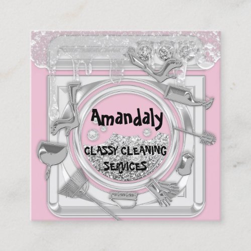 Cleaning Service Logo QRCode Laundy Logo Drip Pink Square Business Card