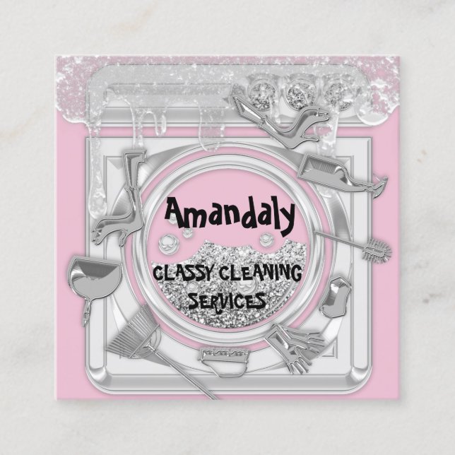 Cleaning Service Logo QRCode Laundy Logo Drip Pink Square Business Card (Front)