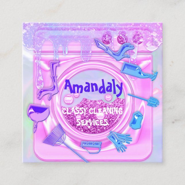 Cleaning Service Logo QRCode Laundy Logo Pink Drip Square Business Card (Front)