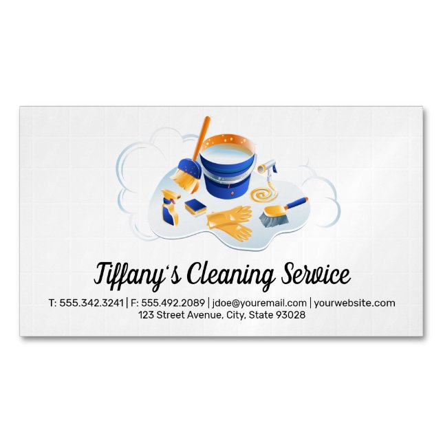 Cleaning Service | Maid Cleaning Supplies Tiles Business Card Magnet (Front)