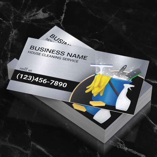 Cleaning Service Maid Housekeeping Modern Metal Business Card